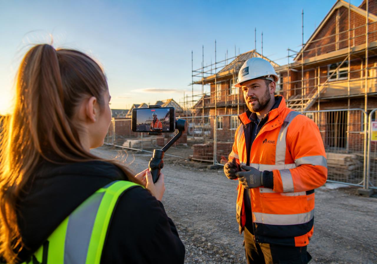 Content creator filming a builder on site for social media